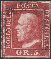 50 - Sicilia 1859 - 5 Gr. Rosso Sangue N. 9c. Cert. SPC. Cat. € 2000,00. SPL - Sicilia