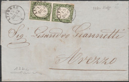 39 - Sardegna Lettera Da Livorno Per Arezzo Del 15.6.1862, Affrancata Con Coppia Verticale Del 5 C. Verde Olivastro. Al - Sardaigne
