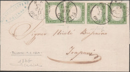 38 - Sardegna Lettera Da Palermo Per Trapani Del 17.2.1863, Affrancata Con Striscia Di Tre + Singolo 5 C. Verde Giallast - Sardaigne