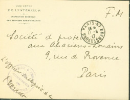 Guerre 14 Cachet Ministère De L'intérieur Commission Des Alsaciens Lorrains CAD Paris 11 8 1917 FM Franchise Militaire - Oorlog 1914-18