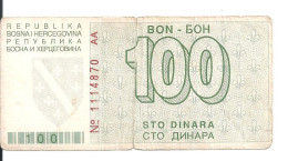 BOSNIE HERZEGOVINE 100 DINARA 1992 VG+ P 24 - Bosnia Y Herzegovina