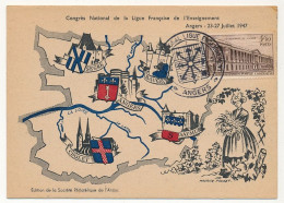 FRANCE - Carte Congrès National Ligue De L'Enseignement Angers 23/27 Juillet 1947 - Obl. Temporaire - Vignette Au Dos - Gedenkstempel