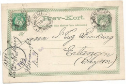 Norway Norge PSC Posthorn 5o. + Twin Value 5o. Christiania 31mar1890 To Erlangen Bayern Germany - Enteros Postales