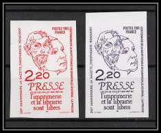 France N°2143 Liberté De La Presse Renaudot 1981 Freedom Media  Lot De 2 Couleurs Essai Proof Non Dentelé Imperf ** MNH - Essais De Couleur 1945-…