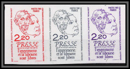 France N°2143 Liberté De La Presse Renaudot Girardin 1981 Freedom Of Media Essai Proof Non Dentelé Imperf ** Mnh Strip 3 - Prove Di Colore 1945-…