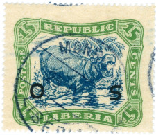 LIBERIA, STEMMA, FAUNA, IPPOPOTAMO PIGMEO, 1923, FRANCOBOLLI USATI Scott:LR O146, Yt:LR S138 - Liberia