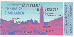 BIGLIETTO DELLA LOTTERIA - NAZIONALE  DI VENEZIA -  ESTAZIONE 3/9/1989 - Biglietti Della Lotteria