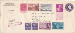 USA Registered Uprated Postal Stationery Cover Sent To Sweden New York 6-10-1947 With More Topic Stamps - 1941-60