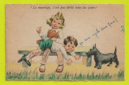 Illustrateur JANSER Le Mariage C'est Pas Drôle Tous Les Jours Fillette Garçon Sur Un Banc Avec Chien - Janser