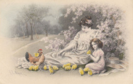 BR09. Vintage Postcard. Mother And Daughter With Hen And Chicks. R R Wichera - Vakbonden