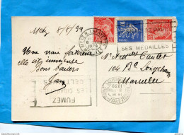 Carte Postale  Cad  METZ-1939-affranchie 3 Timbres Perforés  S F 2 Mercure +1 Semeuse - Covers & Documents