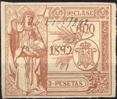 ESPAGNE / ESPANA / SPAIN - 1892 Sellos Fiscales (PÓLIZAS) 3 Ptas Castaño Claro - Ed.367 Usado - Fiscali