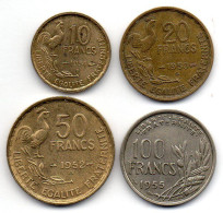 FRANCE, Set Of Four Coins 10, 20, 50, 100 Francs, Aluminum-Bronze, Year 1950-55, KM # 915.2, 917.2, 918.2, 919.2 - Sonstige & Ohne Zuordnung