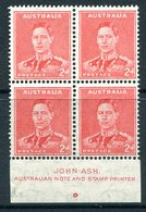 Australia 1937-49 KGVI Definitives (p.15 X 14) - 2d King George VI - John Ash Imprint Block MNH (SG 184) - Ongebruikt