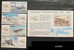 Belize 2003, Centenary Of Powered Flight 1903-2003, MNH S/S And Stamps Set - Belize (1973-...)