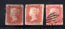 Grossbritannien, 3 X Königin Viktoria, 1p, MiNr.3, Gestempelt, In Versch. Farbtönen (20202E) - Used Stamps