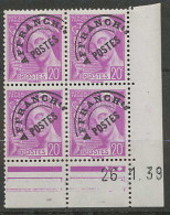 935 - France - Coin Daté - N° 78 ** Preoblitérés Mercure 26/01/1939 3 Points Dans Le Cartouche Bas Doite - Precancels