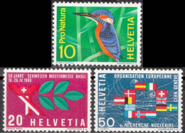 1966, Switzerland, Birds, Kingfishers, Fairs, Energy, Flags, MNH(**), Mi: 833-835 - Ungebraucht