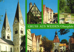 WEIDEN, BAVARIA, MULTIPLE VIEWS, ARCHITECTURE, CHURCH, TOWER WITH CLOCK, CARS, FOUNTAIN, GERMANY, POSTCARD - Weiden I. D. Oberpfalz