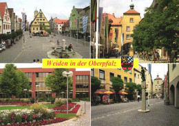 WEIDEN, BAVARIA, MULTIPLE VIEWS, ARCHITECTURE, FLAGS, FOUNTAIN, TERRACE, PARK, EMBLEM, STATUE,UMBRELLA,GERMANY, POSTCARD - Weiden I. D. Oberpfalz