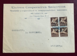 LUOGOTENENZA : QUARTINA Del  P.A. 50 C. Su BUSTA UNIONE COOP. SALENTINA LECCE PER PARABITA IN DATA 27/7/45 - Marcophilia