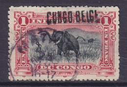 Belgian Congo 1909 Mi. 7 II, 1 Fr. Elefantenjagd ERROR Variety Surchargé Overprint 'CUNGO BELGI', MATADI Cancel - Usados