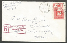 1962 Registered Cover 25c Chemical CDS Glendon AB To Winnipeg Manitoba - Postgeschiedenis