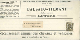 Imprimé "Recensement Annuel Des Chevaux Et Véhicules" De Luttre Affranchi PREO 10c Belgique / 1937 Pour Frameries - Typos 1929-37 (Lion Héraldique)