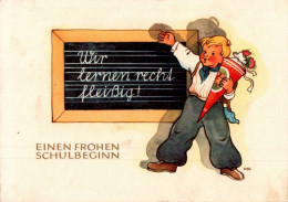 H0213 - Marianne Drechsel Glückwunschkarte Schulanfang - Kinder Zuckertüte Junge - Verlag DDR Grafik - Children's School Start