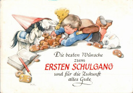 H0214 - H.K. Glückwunschkarte Schulanfang - Kinder Zuckertüte Junge Teddy Hase- Verlag Schubert & Grosche DDR Grafik - Eerste Schooldag