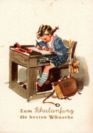 H0216 - Schaberschul Glückwunschkarte Schulanfang - Mädchen Schulbank - Verlag DDR Grafik - Einschulung