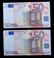 LOT DE 2 BILLETS, Cinquante, 50 Euro, 2002, Signés J.C. Trichet, Allemagne, Belgique,  Frais: Envoi En Recommandé R 3 - 50 Euro