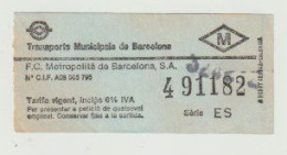 Carte D'entrée-toegangskaart-ticket: Transports Municipals De Barcelona (E) Serie: ES - Europe