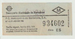 Carte D'entrée-toegangskaart-ticket: Transports Municipals De Barcelona (E) Serie: ES - Europa