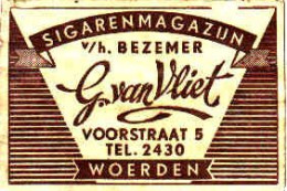 Dutch Matchbox Label, Woerden - Utrecht, Sigarenmagazun V/h. Bezemer G. Van Vliet, Cigarette Shop, Holland, Netherlands - Boites D'allumettes - Etiquettes