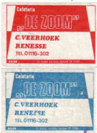 2 Dutch Matchbox Labels, Renesse - Zeelend, Cafetaria DE ZOOM, C. Veerhoek, Holland, Netherlands - Boites D'allumettes - Etiquettes