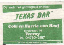 Dutch Matchbox Label, Venray - Limburg, TEXAS BAR, Cobi En Harrie Van Hoof, Holland, Netherlands - Boites D'allumettes - Etiquettes