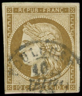 EMISSION DE 1849 - 1b   10c. Bistre-VERDATRE, Obl. Càd T15 TOULOUSE, TB. C - 1849-1850 Cérès