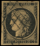 EMISSION DE 1849 - 3g   20c. Noir Sur CHAMOIS Très Foncé, "FAUVE", Obl. GRILLE, TB - 1849-1850 Cérès