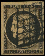 EMISSION DE 1849 - 3g   20c. Noir Sur CHAMOIS, Obl. GRILLE, Nuance Certifiée Scheller, TB. S - 1849-1850 Cérès