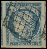 EMISSION DE 1849 - 4    25c. Bleu, Voisins à Droite Et à Gauche, Obl. GRILLE, Superbe - 1849-1850 Cérès