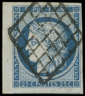 EMISSION DE 1849 - 4    25c. Bleu, Filet De Voisin Et Petit Bdf Obl. GRILLE, Superbe - 1849-1850 Ceres