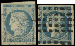 EMISSION DE 1849 - 4    25c. Bleu, 2 Ex. Obl. GROS POINTS Et GRILLE SANS FIN, TB - 1849-1850 Ceres