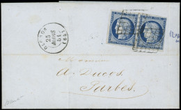 Let EMISSION DE 1849 - 4a   25c. Bleu Foncé, PAIRE Obl. GRILLE S. LAC, Càd T15 OLORON 25/3/51, TTB - 1849-1876: Classic Period