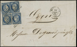 Let EMISSION DE 1849 - 4a   25c. Bleu Foncé, 4 Ex. Défx, Obl. GRILLE S. LAC, Càd T15 MARSEILLE 18/6/51, B/TB - 1849-1876: Periodo Clásico