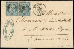 Let EMISSION DE 1849 - 4f   25c. Bleu Clair, PAIRE Variété FILET Du Bas INCOMPLET, Obl. PC 1954 S. LAC, Càd T15 MELUN 19 - 1849-1876: Periodo Classico