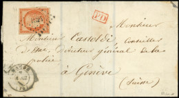 Let EMISSION DE 1849 - 5    40c. Orange, Obl. PC 1824 S. LAC, Càd T15 MACON 7/4/54, Arr. GENEVE Le 9/4, TB. C - 1849-1876: Période Classique