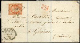 Let EMISSION DE 1849 - 5    40c. Orange, Obl. PC 1824 S. LAC, Càd T15 MACON 7/4/54, Arr. GENEVE Le 9/4, TB. C - 1849-1876: Periodo Classico