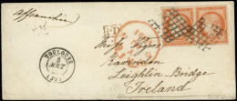 Let EMISSION DE 1849 - 5    40c. Orange, PAIRE Obl. GRILLE S. Env., Càd T15 TOULOUSE 3/8/51, Arr. LEIGHLIN BRIDGE IRELAN - 1849-1876: Periodo Clásico