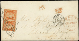 Let EMISSION DE 1849 - 5    40c. Orange, PAIRE Obl. GRILLE SANS FIN S. Env., Càd 2e PARIS 15 28/7/52, Arr. LONDON 29/7,  - 1849-1876: Klassik